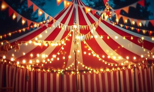Red and white striped circus tent illuminated by warm string lights outdoors.