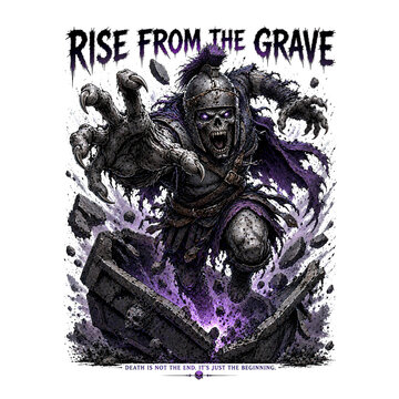 Undead spartan warrior skeleton bursting from a stone grave with glowing purple magic. Rise From The Grave gothic horror typography design.