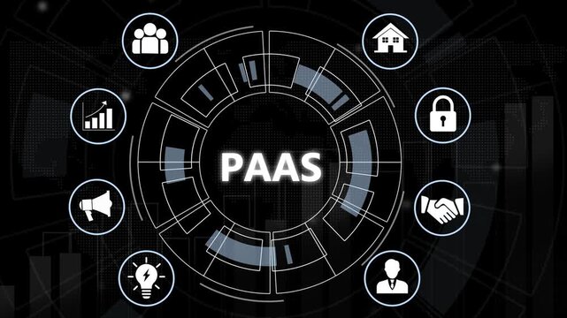 Platform as a service paas digital technology concept featuring animated circular infographic interface with connected business for cloud computing infrastructure and enterprise software solutions