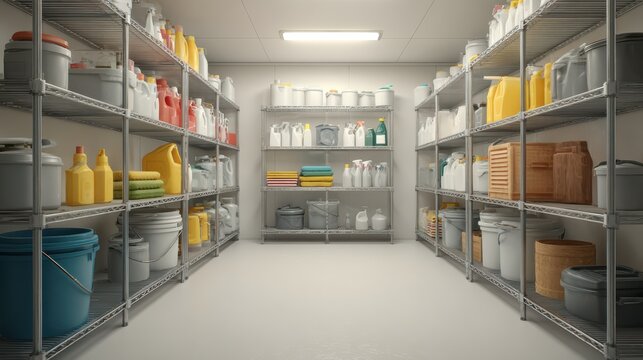 modern cleaning storage room, empty, organized shelves with supplies, clean and minimal environment