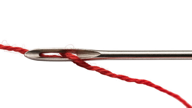 Close-up of a silver sewing needle with red thread threaded through its eye, isolated on transparent background