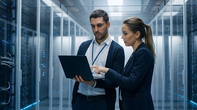 Two IT specialists reviewing data on a laptop while standing in a high tech server room aisle
