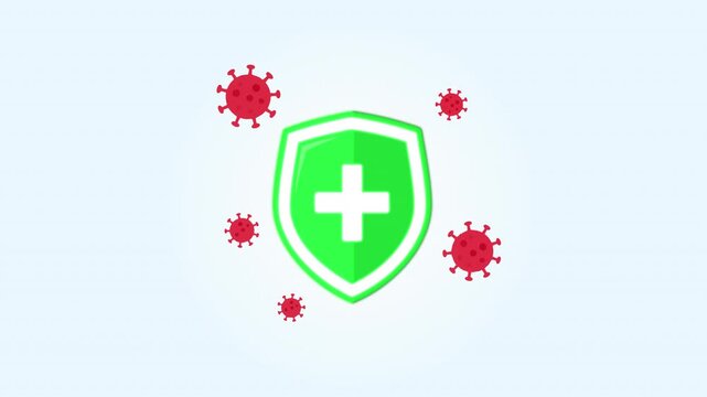 Illustration of a health shield symbol surrounded by virus icons representing protection and healthcare safety