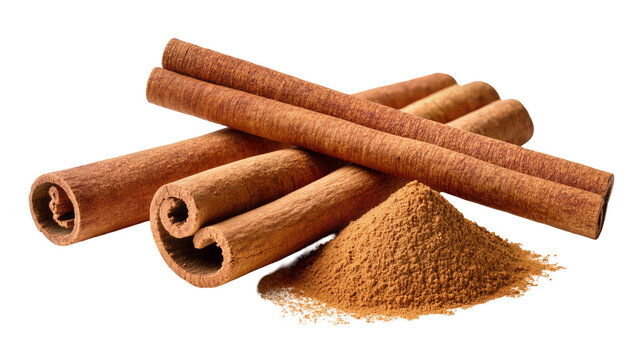 Dried cinnamon sticks and ground cinnamon powder, isolated on transparent background