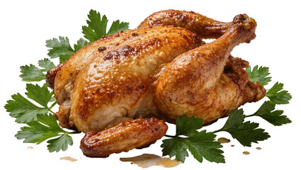 Golden roasted whole chicken with crispy skin and parsley garnish, isolated on transparent background © Maria