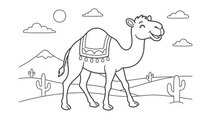 Fototapeta premium Black and white outline illustration of a friendly camel in a desert landscape with coloring dromedary mountain