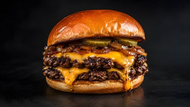 Gourmet double cheeseburger with melted cheddar and caramelized onions, juicy smash burger on brioche bun, premium fast food photography on black background