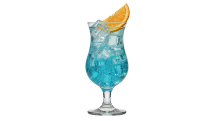 Obraz premium Blue cocktail with ice cubes and orange slice, isolated on transparent background