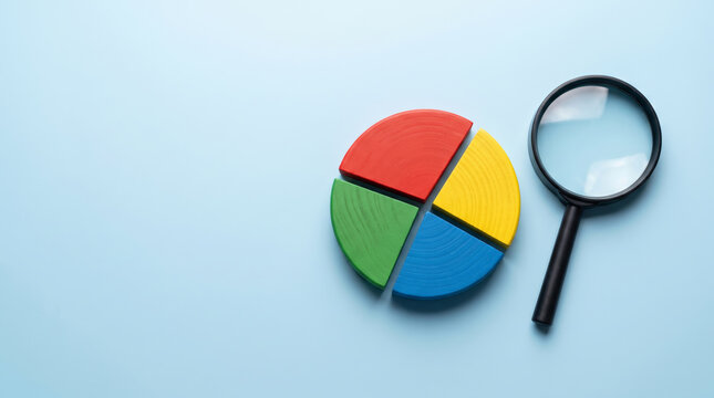Positive business growth analysis magnifying glass inspection colorful quarter pie chart . Business financial strategy planning. statistic chart report, revenue profit, performance progress success