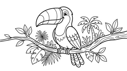 Obraz premium Tropical toucan bird perched on tree branch coloring page with tropical wildlife rainforest coloring illustration