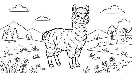 Naklejka premium Coloring book scene for children featuring a friendly fluffy llama in a landscape with mountains, coloring
