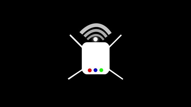 Router icon on a black background with signal waves, simple modern technology symbol 4k video animation.