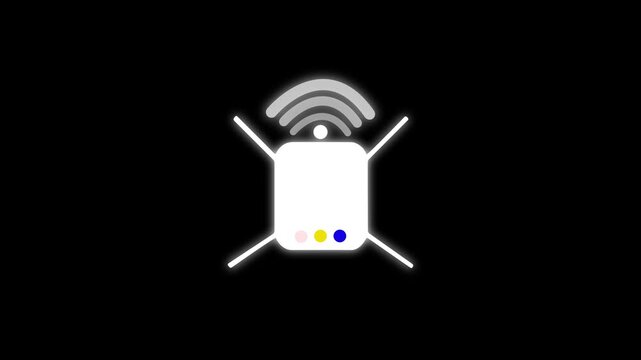 Router icon on a black background with signal waves, simple modern technology symbol 4k video animation.