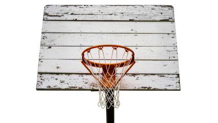 Weathered white wooden basketball backboard with orange hoop and net, isolated on transparent background © Maria