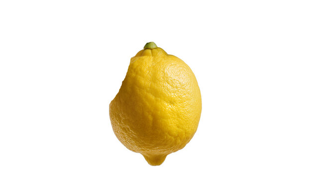 Bitten yellow lemon with textured rind, isolated on transparent background