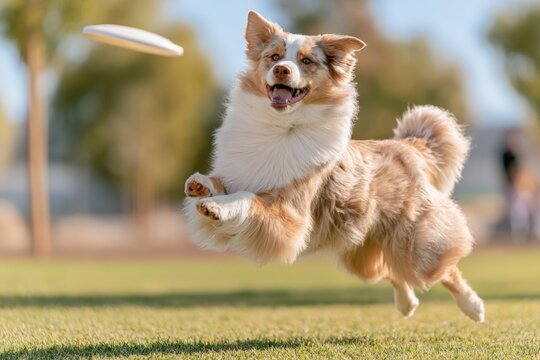 Australian Shepherd leaps for a flying frisbee