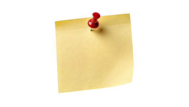 Yellow sticky note with red pushpin, isolated on transparent background