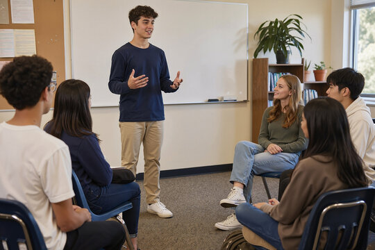 Engaging back to school classroom discussion with students listening to a young teacher presenting ideas. Back to school environment fosters collaboration and learning experiences among peers.