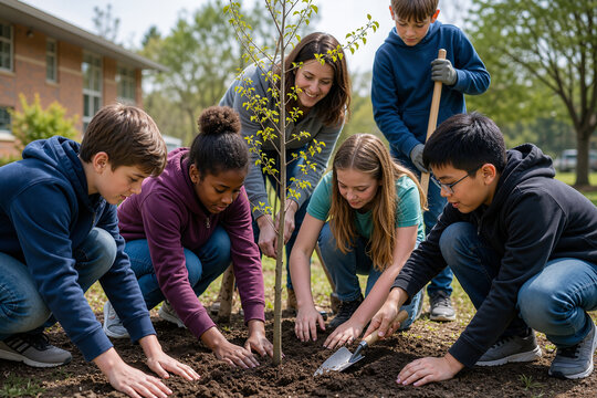 Community tree planting with children and adults digging soil around sapling together.