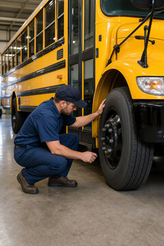 School bus mechanic inspecting tire in workshop for maintenance checks. School bus and technician focus on safety features for optimal performance and reliability.