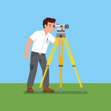 Surveyor using a total station equipment on a tripod outdoors in flat style