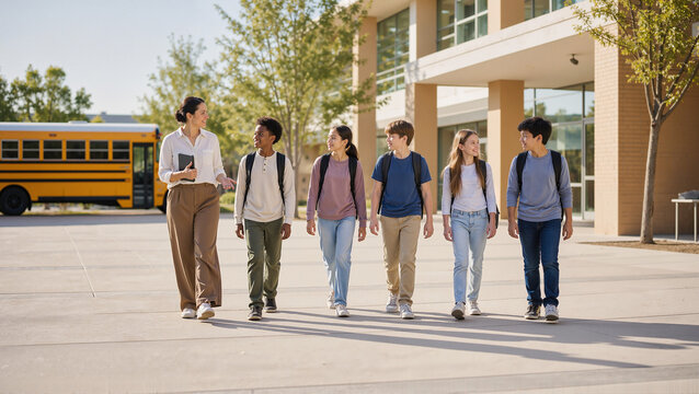 Group of students walking outside school with backpacks and teacher. Students are engaged in conversation while walking on pavement.