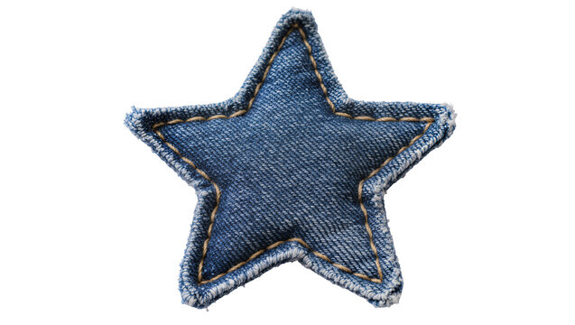 Blue denim star patch with visible stitching, isolated on transparent background