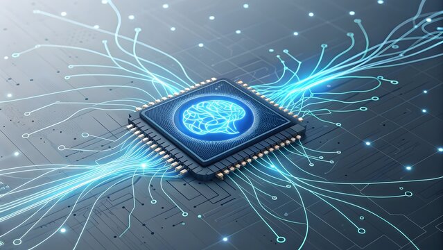 Central processing unit with glowing brain graphic transmitting data streams during digital network development with blue illumination