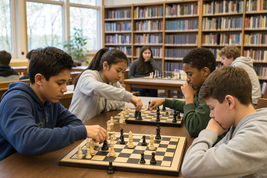Chess players engaged in strategy competition in library with diverse group of students. Chess matches stimulate focus and critical thinking skills during after-school activities.
