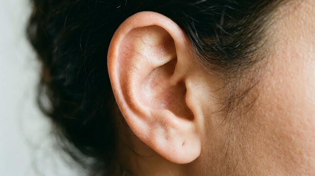 Detailed close-up of a human ear showing skin texture and veins, anatomical macro shot of a healthy human ear for medical study, side view of a functional human ear and hair.
