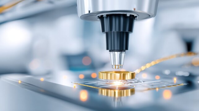 Robotic micro soldering and component placement on circuit board with gold contact and precision laser for electronics production background