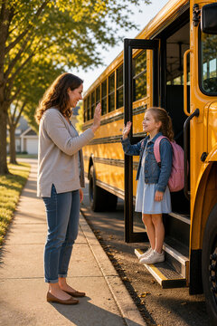 Back to school moment with smiling girl waving goodbye to mother at school bus. Back to school scene features joyful interaction between parent and child as they embrace new adventures.