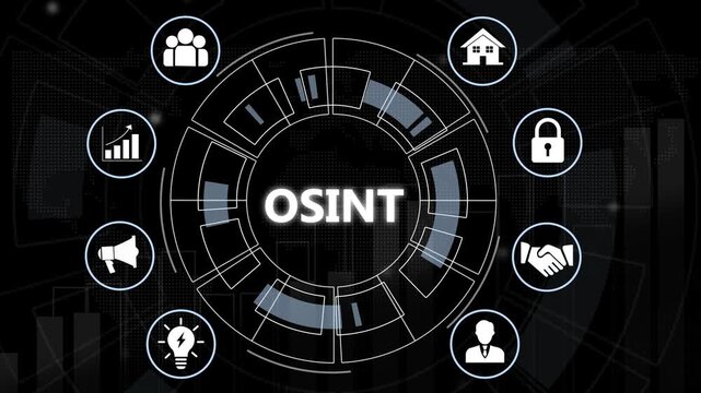 Advanced osint open source intelligence digital interface featuring rotating data analytics and cybersecurity network security monitoring concepts for modern global information gathering technology