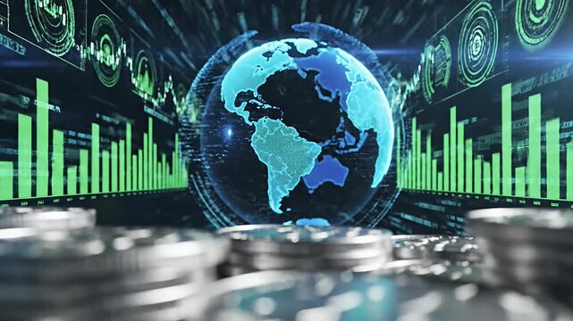 Silver coins with digital globe and financial graphs.