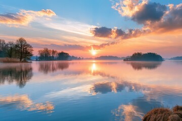 Fototapeta premium Golden sun dips low, casting warm hues across sky and water