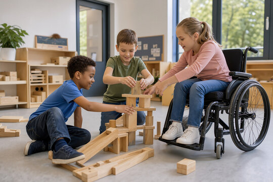 Children playing with wooden blocks in classroom setting, building structures with teamwork and creativity. Inclusive environment encourages cooperation and engagement while playing with blocks.