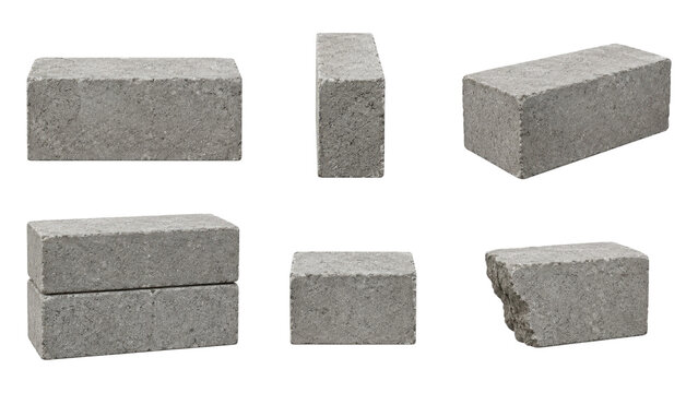 Gray concrete bricks and blocks in various orientations, including stacked and chipped pieces, isolated on transparent background
