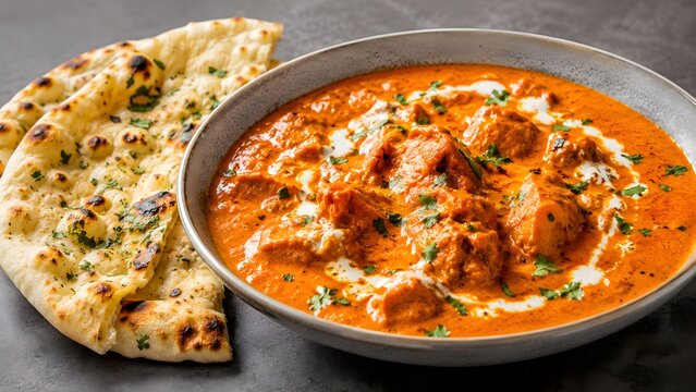 Authentic butter chicken curry in a ceramic bowl, creamy murgh makhani with garlic naan bread, traditional indian cuisine on a dark stone background