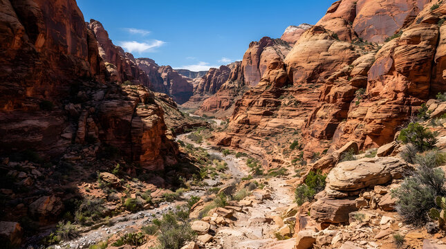 High angle view of a dry rocky canyon trail surrounded by red sandstone cliffs