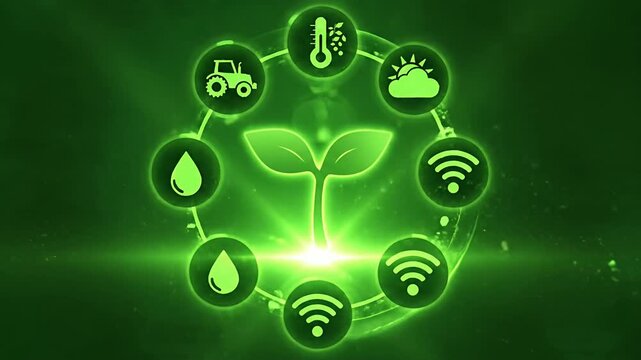 Smart farming technology icon with plant sprout and sensors.