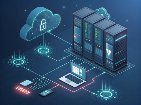Server racks connected to a secure cloud with glowing network nodes during a digital data transfer