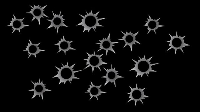 Bullet hole animation on a black screen, various firearm entry holes, 4K video.