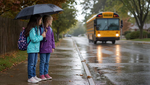 Children waiting for school bus during rainy day with umbrella and backpacks on sidewalk. Kids stand under umbrella, preparing for school with backpacks in wet weather to catch school bus.