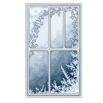 A frosted window pane with intricate ice patterns