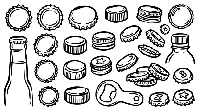 Doodle set of bottle caps and openers