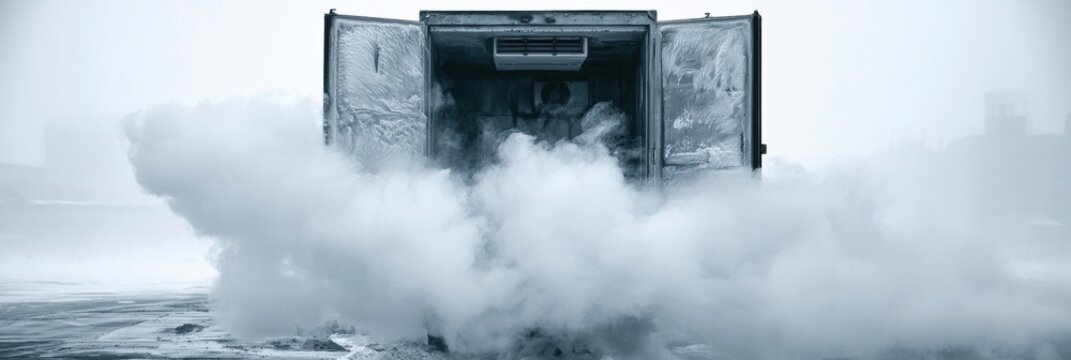Open refrigerated truck releasing cold mist onto road
