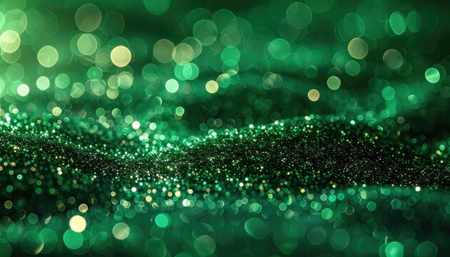 Abstract green bokeh lights with glittering particles flowing.