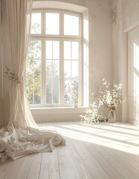 Bright and airy room with large window and floral arrangements.
