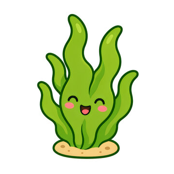 Cheerful green seaweed character smiling with rosy cheeks on sandy seabed isolated on white background