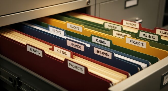 Organized Filing Cabinet Drawer with Labeled Folders for Business and Projects